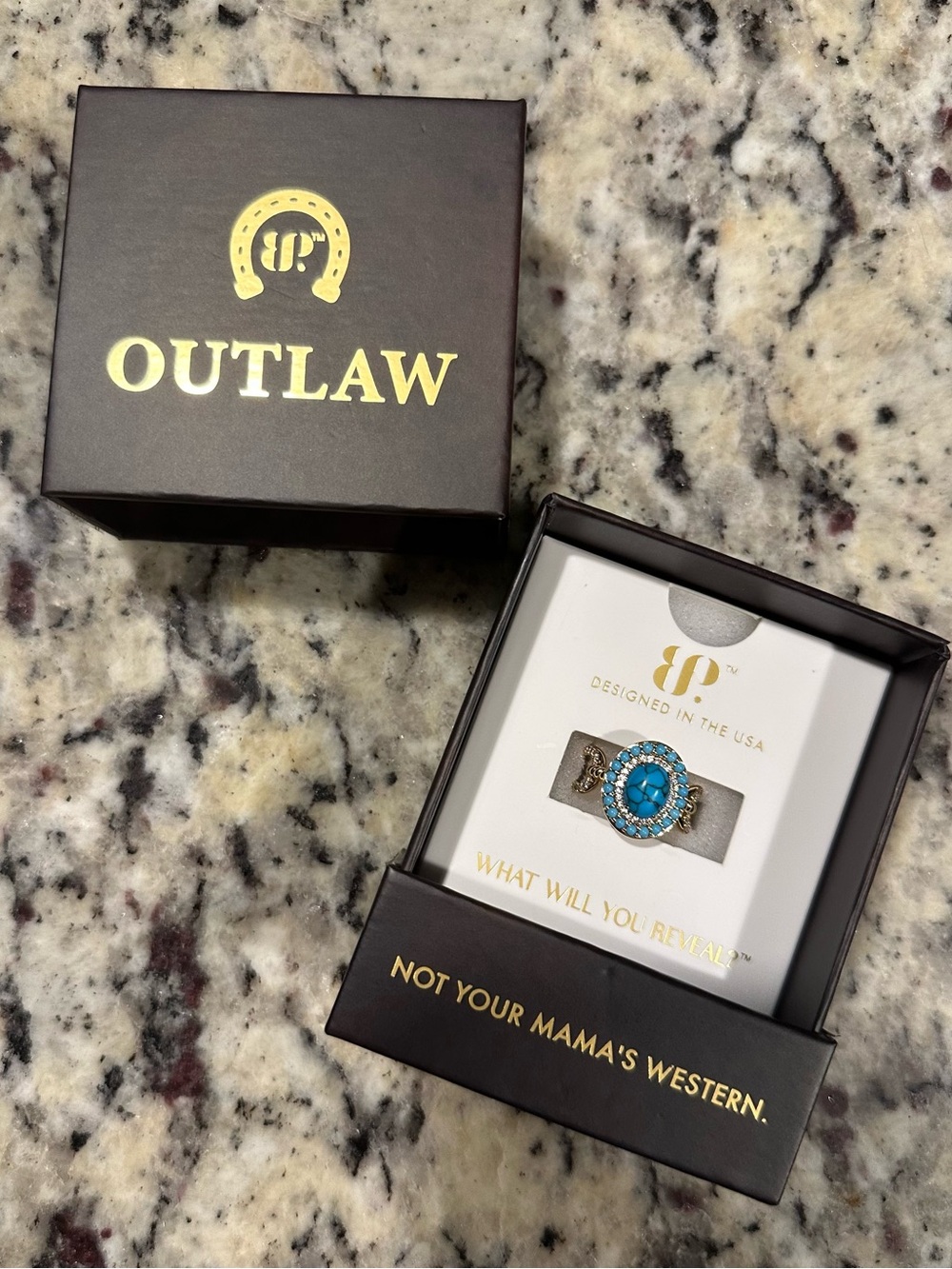 Bomb Party: Outlaw Whiskey Vow Ring Turquoise & Diamond CZ Gold Plating Size 7